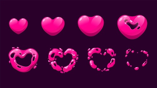 Heart sprite animation. Grow and disappear sprite sequence for like button pressed, game heart explosion graphic template. Vector animate frames set of love heart animation effect illustration