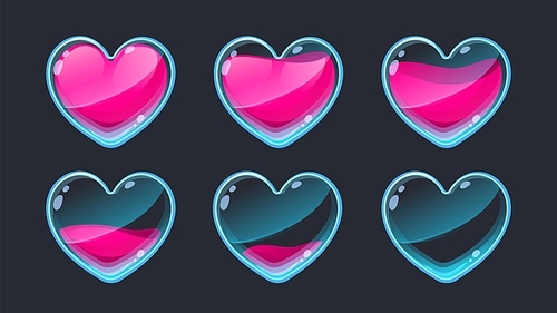 Heart animation UI. Empty to full 2D game life sprite asset for health indication GUI, web app and mobile game interface symbol graphic design. Vector set of virtual progress user heart illustration