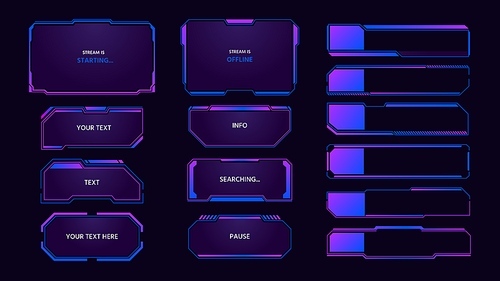 Game panel. Streaming overlay interface elements, futuristic monitor tabs and frames, live stream pop up window and tech message. Vector streamers soft layout set of frame ui panel hud illustration
