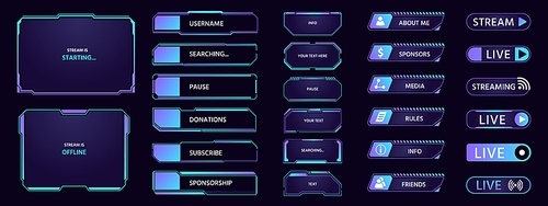 Game stream. HUD futuristic overlay with frames buttons banners and panels, dashboard popup window layout for TV and game streaming. Vector border UI frame to game interface stream illustration