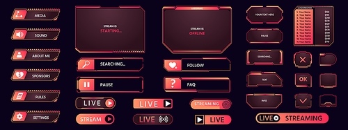 Game frame. Streaming interface elements, button icon frame futuristic layout asset, HUD live broadcast dashboard collection. Vector pop up stream set of frame game interface element illustration