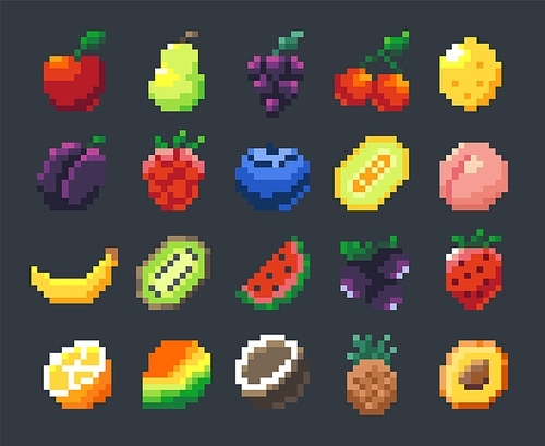 Pixel fruits. Cartoon 2D game sprite asset with apple banana mango citrus pineapple cherry, 8-bit collection of fruit signs for game development. Vector set of fruit symbol element pixel illustration
