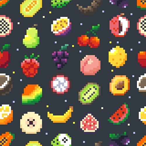 Pixel fruits pattern. Seamless print of pixelated cartoon fruits and berries, 2D game wallpaper of rough pixel icons. Vector texture seamless background pattern illustration
