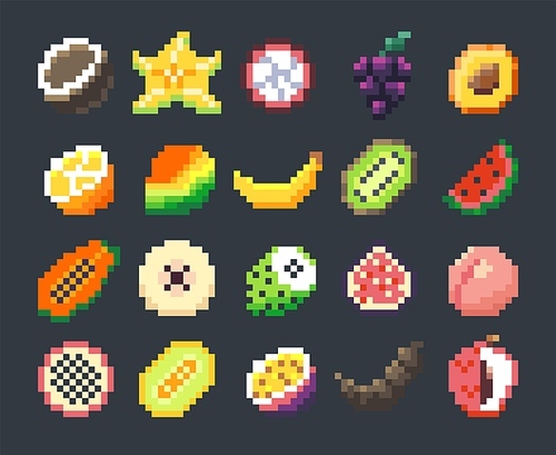 Pixel exotic fruits. Cartoon stylized fruit icons for 2D game, 8-bit sprite graphic game asset, game and mobile application development. Vector set of fruit exotic symbol illustration