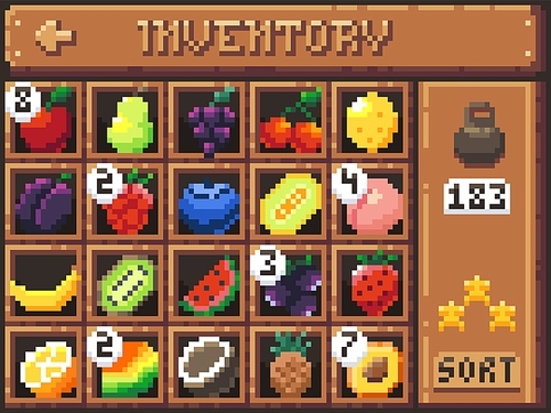 Pixel fruits inventory. Cartoon game interface screen with fruits and berries in cells and UI elements, 8-bit 2D game sprite asset. Vector character food collection of fruit pixel game illustration