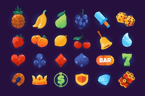 Slot icons. Cartoon shining casino symbols for slot machine and gambling, heart cherry bell crown fruits diamond bar and dollar colorful symbols. Vector isolated set of casino game icon illustration