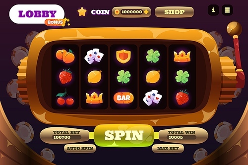 Slot machine game. Cartoon online casino web app UI, gamble game screen with interface elements and cartoon colorful shiny icons and buttons. Vector layout of casino game fortune online illustration