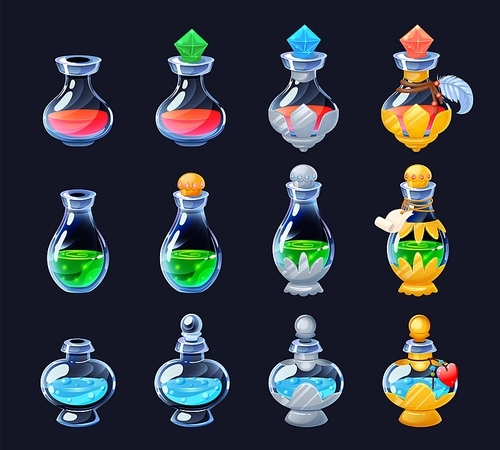 Game elixir. Cartoon GUI potion sprite asset of flasks and phials for life mana and strength for 2D game. Vector colorful potions from weak to strongest icon set. Different containers with liquids