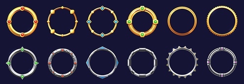 Game round interface frames. Cartoon UI circle game asset items, empty golden medieval silver textured borders for GUI design. Vector sprite graphic set. Different jagged framing with gemstones