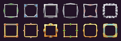 Game ui square frame. Empty border game asset items, cartoon stylized sprite graphic elements, GUI icons for mobile app user interface. Vector set. Silver and gold frames with colorful gemstones