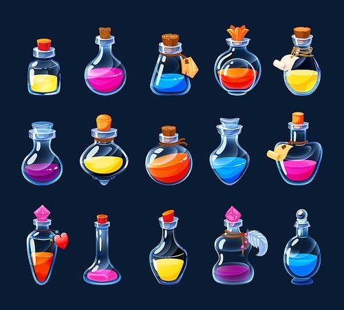 Cartoon alchemy bottles. Magic potion and love elixir game UI icons asset, colorful poison and antidote in various flasks and phials. Vector GUI alchemist potions set. Chemical liquid or healing drink