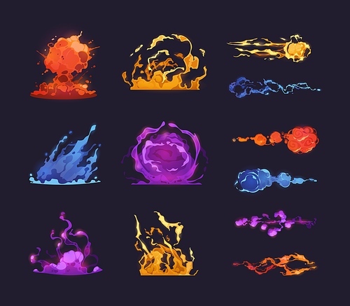 Power blast and explosion. Cartoon colorful game laser beam and plasma rays effect asset, magic spell and lightning strike sprite graphic. Vector isolated set. Destructive bomb, fire attack