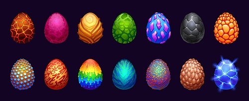 Cartoon fantasy eggs. Magic dragon reptile eggshell for game asset, fairy mythological monster glossy crystal GUI design template. Vector isolated set. Colorful objects with lava and rainbow paint