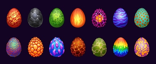 Dragon eggs. Cartoon magic fantasy elements glossy shell for game user interface design, dinosaur eggshell power energy lightning. Vector set. Different objects with flame, spots, burning lava