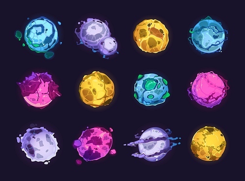 Game planet asset. Cartoon colorful collection of various cute alien planets, funny fantasy rock desert water and acid worlds. Vector 2D game sprite collection. Cosmos elements, galaxy