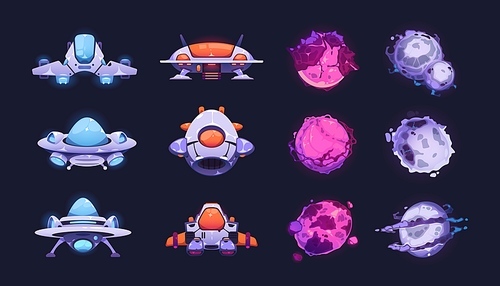 Fantasy planets and ships. Cartoon neon spaceship and cosmic icons for 2D game design, comic fantasy space ufo shuttles satellite rocket. Vector isolated set. Galaxy journey on spacecraft