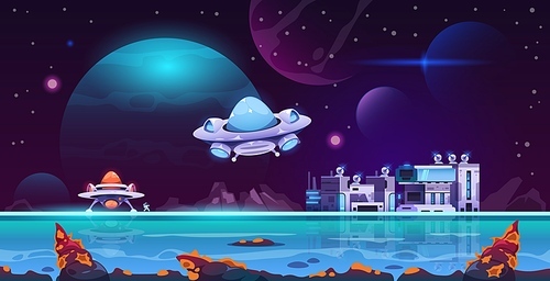 Alien colony landscape. Planet Mars colonization futuristic cartoon style, space station on galaxy surface universe exploration concept. Vector illustration. Cosmic settlement with fiction buildings