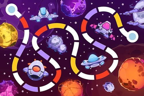 space board game. child fantasy universe riddle labyrinth puzzle, tabletop boardgame with spaceship meteor crater kid entertainment. vector illustration. map with galaxy path for .