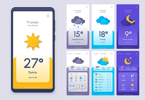 Daily weather forecast phone app in 3d paper cut style. Climate and atmosphere widget template for smartphone. Meteo condition ui vector set. Application interface with rain, sun and clouds