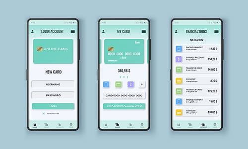 Neumorphism bank app interface design on realistic smartphone screen. Online payment with credit card. Financial application vector template. Illustration of ui neumorphism application