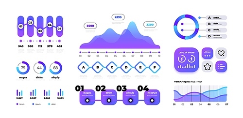 Chart infographic. Colorful gradient bar diagram and timeline flow with numbers, circle graphic template. Vector isolated set. Statistics finance report, progress analysis elements
