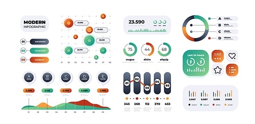 Graph infographic. Colorful modern flow charts and diagrams, option and step timeline, gradient graphic. Vector isolated set. Report statistics in presentation. Business progress information