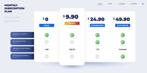 Price plan. Comparison table infographic, monthly subscriptions checklist with options and advantages. Vector modern feature spreadsheet template of price compare banner service illustration