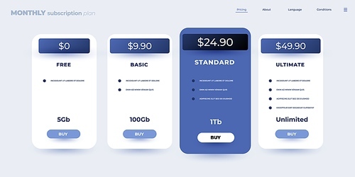Comparison table. Feature checklist and monthly price plan, subscription infographic design template. Vector web site interface. Tariff app compare subscription template illustration