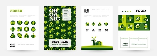 Healthy food poster. Farm market with organic products brochure, green restaurant menu cover. Vector vegetables presentation banner. Illustration of organic food healthy market