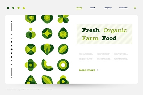 Organic food landing. Web page template with flat geometric abstract shapes, minimalist green plants and fresh food forms. Vector illustration of organic landing page, natural farm business