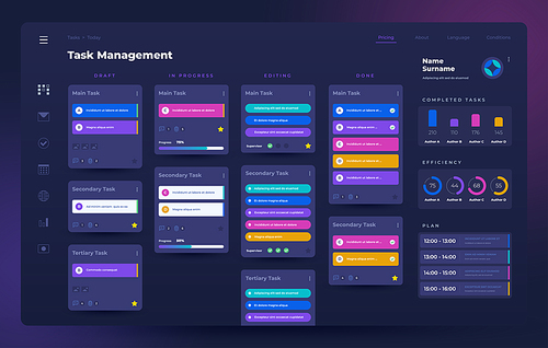 Planner app UI. Task manager and project organizer with dashboard and infographic elements. Vector dark web application interface design of application checklist, ui dashboard