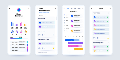 Phone planner app. Task manager and project schedule mobile application interface with task plan dashboard. Vector infographic design. Illustration of app business, application mobile schedule