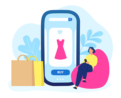 Online shopping, girl buying clothes with smartphone. Vector of store for sale, mobile sho with woman clothes illustration