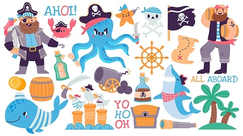 Cartoon pirate captain and sailor, skull, treasure chest and map. Adventure island, shark, octopus, flag and rum. Kids pirates vector set. Characters with barrels, parrot and saber