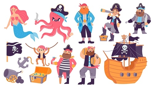 Cartoon pirate ship, treasure, character, animals and mermaid. Kid sea adventure elements, cannon, parrot, chest, anchor and flag vector set. Man with spyglass, cheerful monkey in bandana