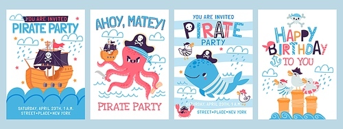 Cartoon pirate birthday party invitation cards for kids. Happy sea adventure posters with pirate ship, octopus, seagull and whale vector set. Baby holiday celebration with underwater characters