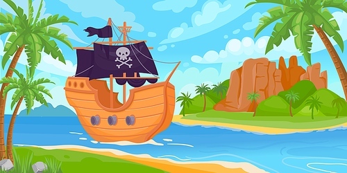 Sea landscape with tropical treasure island and sailing pirate ship. Cartoon kids marine adventure game background. Pirate boat vector scene. Exotic paradise with vessel for piracy