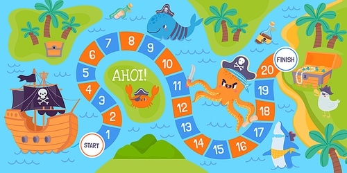 Cartoon pirate board dice game with map road to treasure. Education sea adventure for kids with characters, island and ship vector template. Tropical seashore with whale, octopus and shark