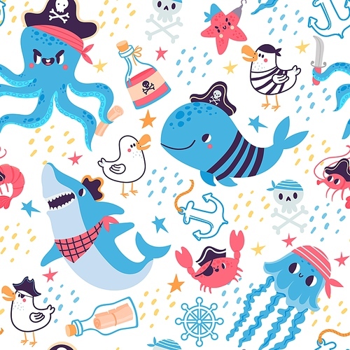 Funny cartoon seamless pattern for kids with pirate animals. Marine travel design with whale, shark, crab and octopus, sea vector wallpaper. Undersea characters for childish textile