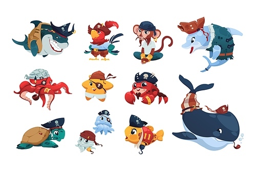 Pirate sea animals. Cartoon nautical animals wearing pirate hats and bandanas, cute brave fish shark monkey parrot crab and turtle. Vector marine characters set of pirate funny wildlife illustration