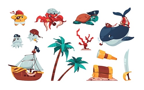 Cartoon pirate collection. Cute marine animals in pirate costumes, spyglass wooden chest palm trees and sailboat kids illustration. Vector isolated set of animal cute, marine sea