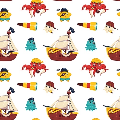 Pirate animals pattern. Seamless of nautical underwater animals in pirate costumes, children illustration of octopus fish monkey parrot. Vector texture of animal seamless pirate pattern illustration