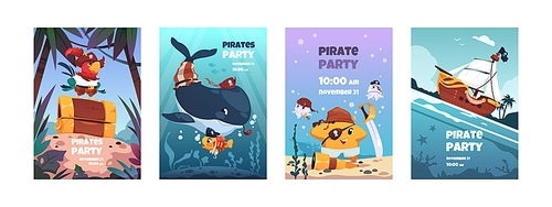 Pirate animals posters. Cartoon cute marine characters in pirate costumes, summer party banners and invitations. Vector flyers with funny animals of kid party card, pirate mascot illustration