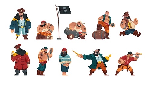 Pirate characters. Cartoon armed male bandit sailors, fantasy marine villains with swords cannons spyglass and pirate flag. Vector collection of characters male pirate, cartoon bandit illustration