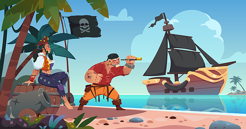 Pirates on tropical island. Sea landscape with pirate ship and male character looking at spyglass. Cartoon woman sitting on wooden barrel. Black flag with skull and crossed bones vector illustration