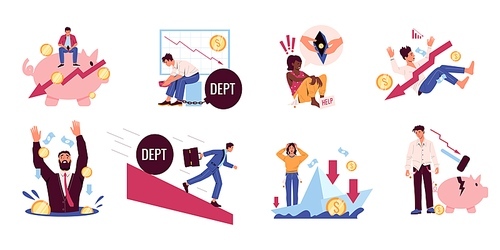 Financial crisis. Business bankruptcy, money loss, and economy collapse cartoon concepts with business characters. Vector credit and loan scenes. Illustration of crisis business finance