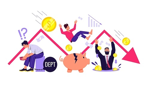 Money loss. Financial crisis and business bankruptcy concept with depressed businessmen characters under falling arrow. Vector illustration of crisis financial and bankruptcy