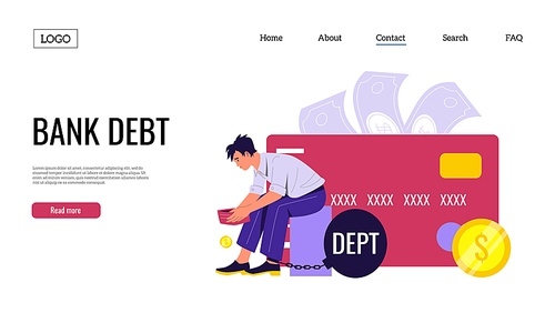 Loan landing. Borrow money and personal loan banner with bank debt and payment problem concept. Vector web page template. Illustration of loan money finance, landing page bank