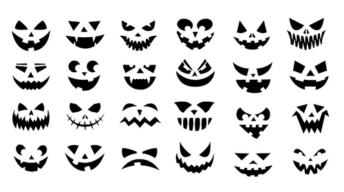 Scary faces. Halloween smiley pumpkin faces, creepy jack lantern with evil ghost expression and angry eyes, horror monster face collection. Vector isolated set. Mysterious silhouette for holiday
