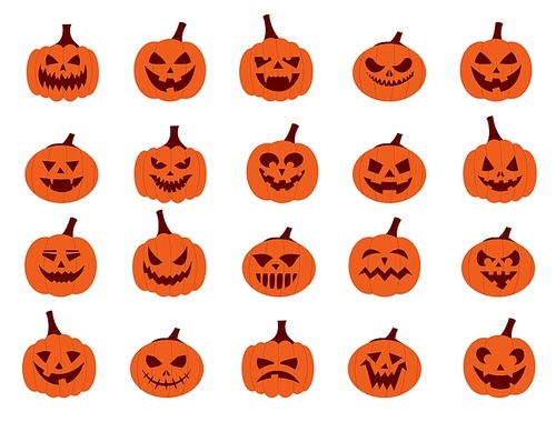 Pumpkin faces. Cartoon Halloween Jack characters with scary smiley and angry faces, vegetable carving for horror party posters. Vector Halloween emoticons set. Different mysterious expressions